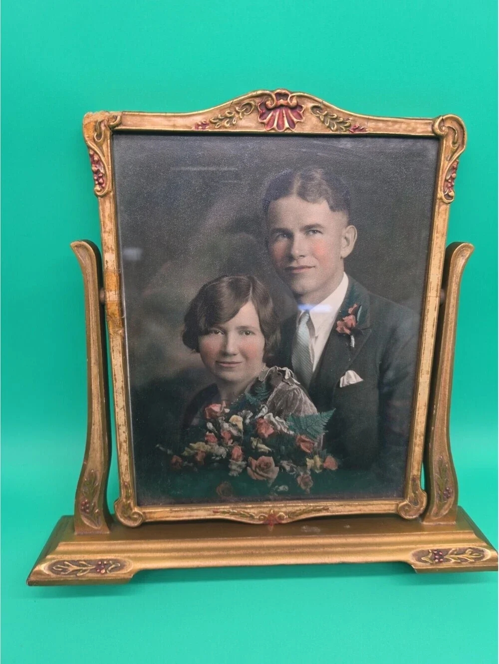 Antique 1930s Art Deco Victorian Style Ornate Wood Picture Frame Hand Colored